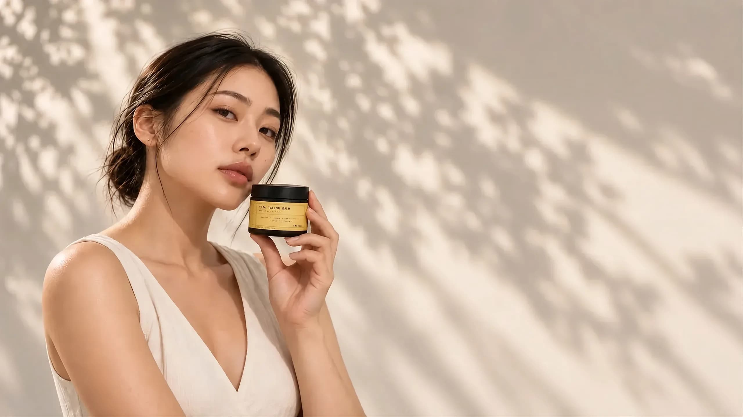 A woman holding a jar of Yuja Tallow Balm beside her face