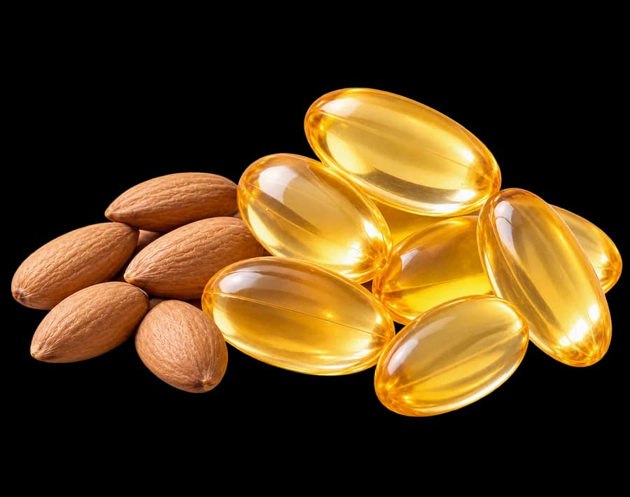 Amber vitamin E capsules heaped beside shelled almonds