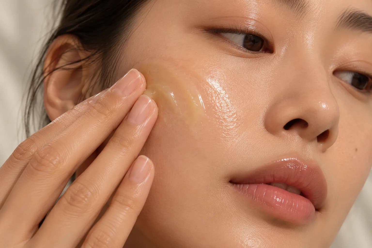 The oil pressed along a cheekbone, skin left with a low-shine finish