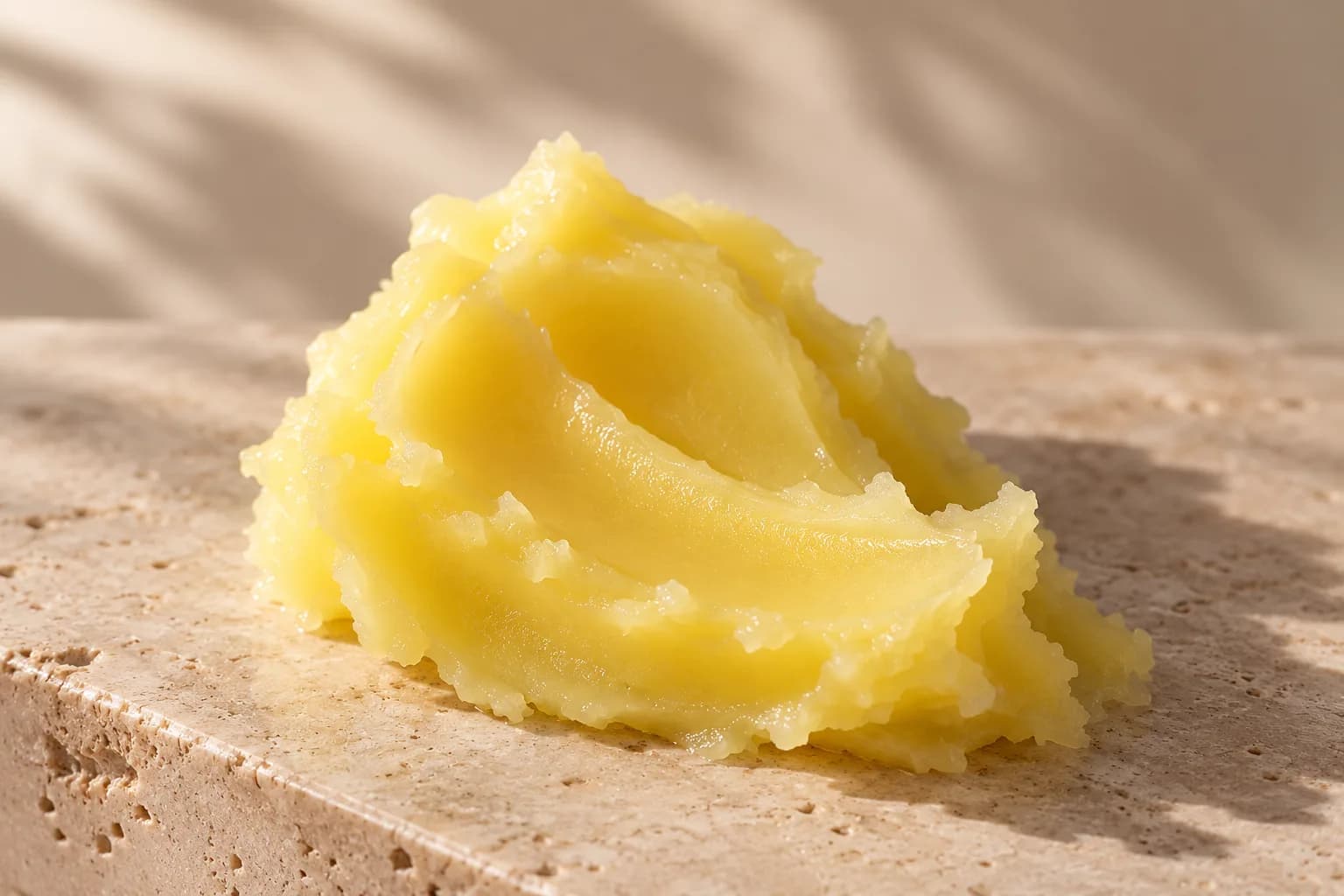 A scoop of the balm on a travertine slab, palm-leaf shadow across the stone
